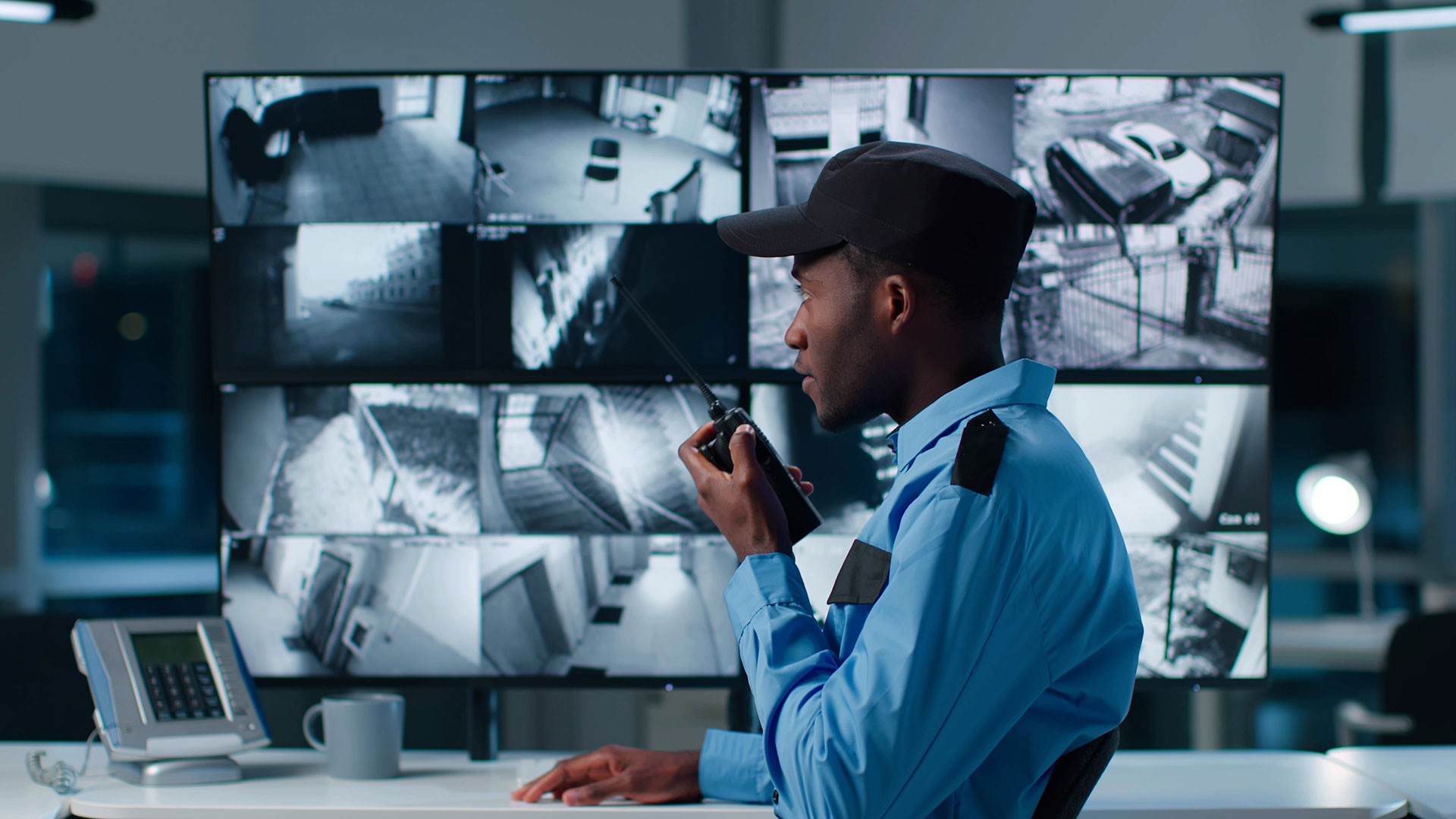 Office building security guard in front of a bank of monitors speaking into a walkie-talkie